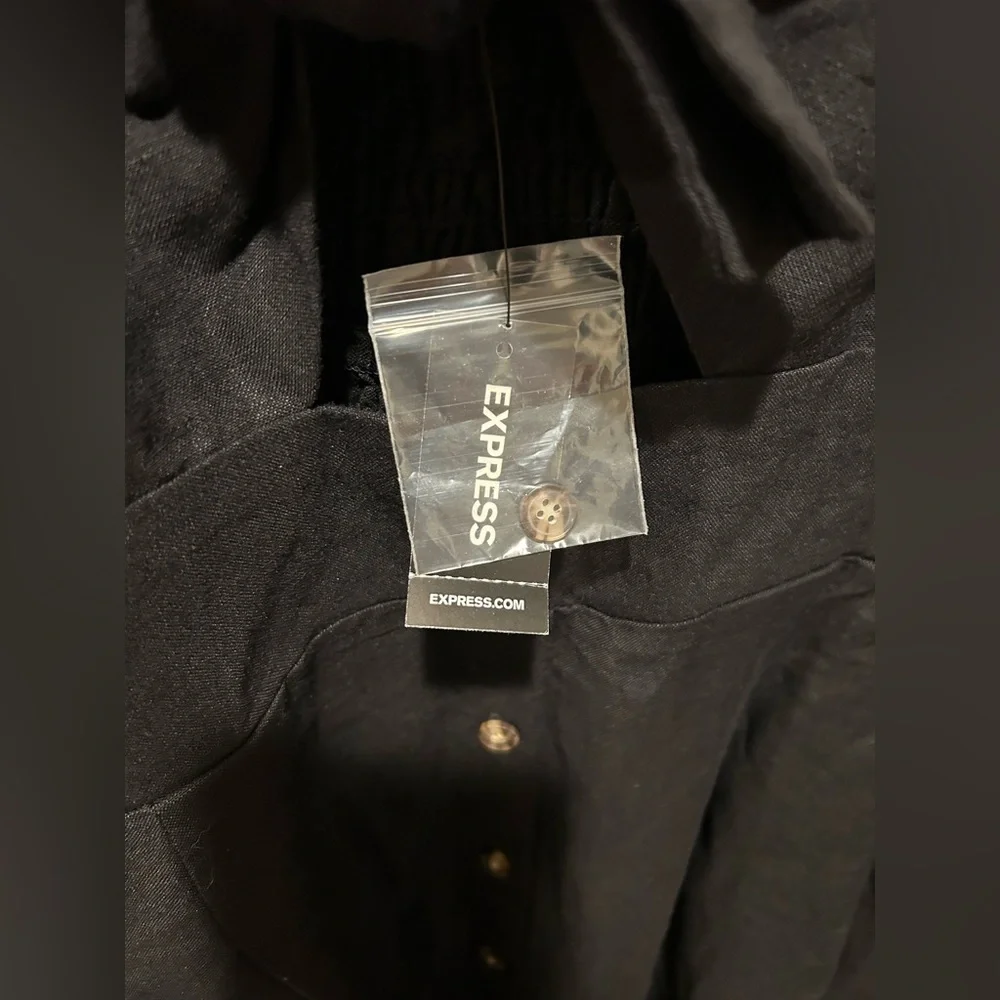 NWT Express Linen Blend Front Tie Smocked Midi Black Dress,Large - Picture 5 of 7